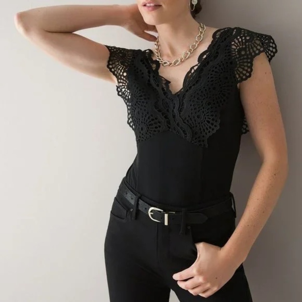 White House Black Market Sleeveless Lace Matte Jersey Top